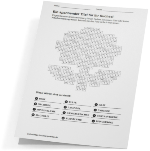 Ein Suchsel-Arbeitsblatt das ein Suchsel in Form einer Blume zeigt.